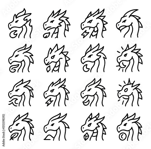 Fantasy dragon icon collection in linear style. mythical and magical creature symbols
