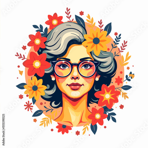 Joyful senior woman with flowers in vibrant vector design, beauty and nature