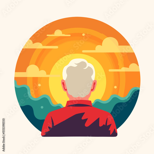 Elderly man contemplating sunrise in vibrant vector design, inspiration