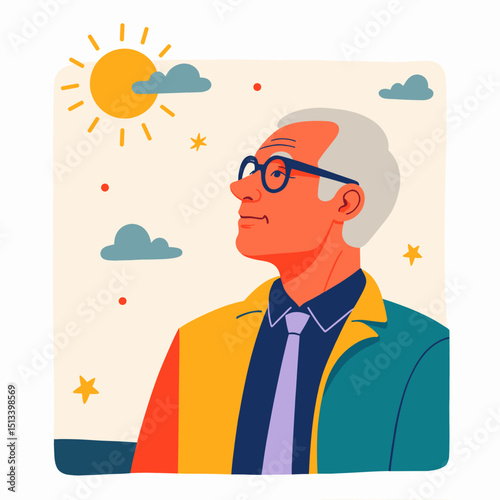 Elderly man gazing at the sky in vibrant flat design, hope and reflection