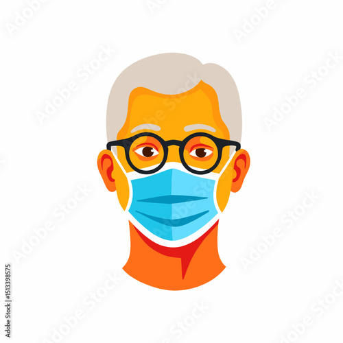 Elderly man wearing medical mask in vibrant vector style, health awareness