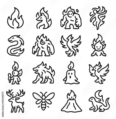 Mythical creature linear icon collection. fantasy, mystical and legendary symbols set