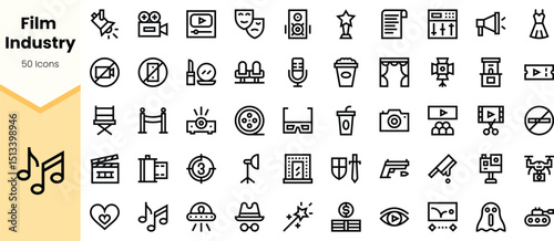 A collection of black line icons representing elements of the film industry, including cameras, awards, and production tools.