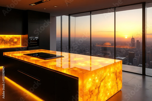 Modern new home kitchen interior design with nobody and wood floor photo