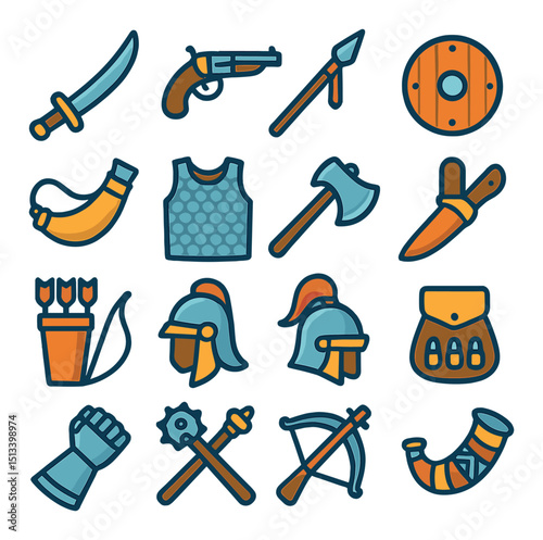 Medieval weapons and armor flat icon collection. knight and battle gear set