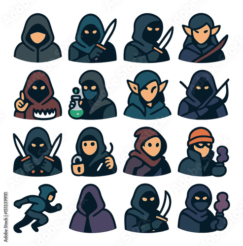 Fantasy and adventure icon collection in flat style. medieval characters and rpg symbols