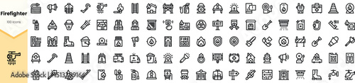 A collection of firefighter icons, showcasing various tools and equipment like helmets, hoses, and alarms, emphasizing safety and emergency response in monochrome style.