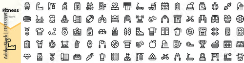 A collection of fitness-themed icons in a minimalist style, featuring equipment, activities, and health symbols, perfect for enhancing wellness projects.
