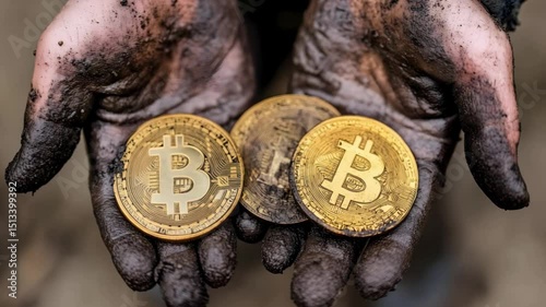 Dirty Hands Holding Bitcoin Coins Symbolizing Mining. Video Generative AI.