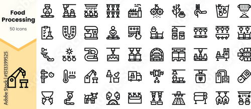 A collection of line icons representing various food processing activities and equipment, featuring a modern and minimalistic design suitable for culinary and industrial use.