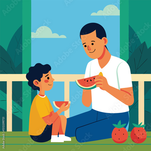 Father and Son Eating Watermelon on Porch Juicy Summer Scene Vector Illustration
