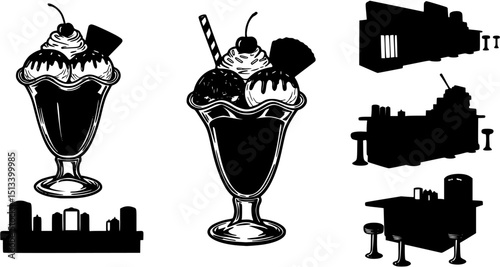 1950s Retro Diner Ice Cream Sundae Silhouette Set. Vintage
