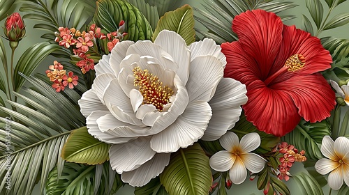 Exquisite floral wallpaper white peony red hibiscus vibrant plants high resolution image