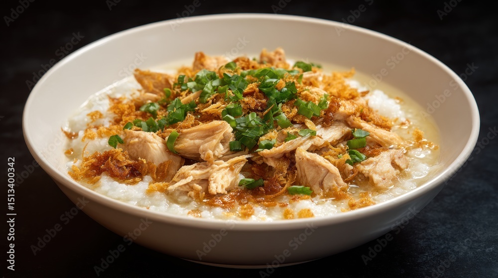 Delicious bowl of chicken congee with fresh scallions and crispy fried shallots Delicious bowl of chicken congee with fresh scallions and crispy fried shallots