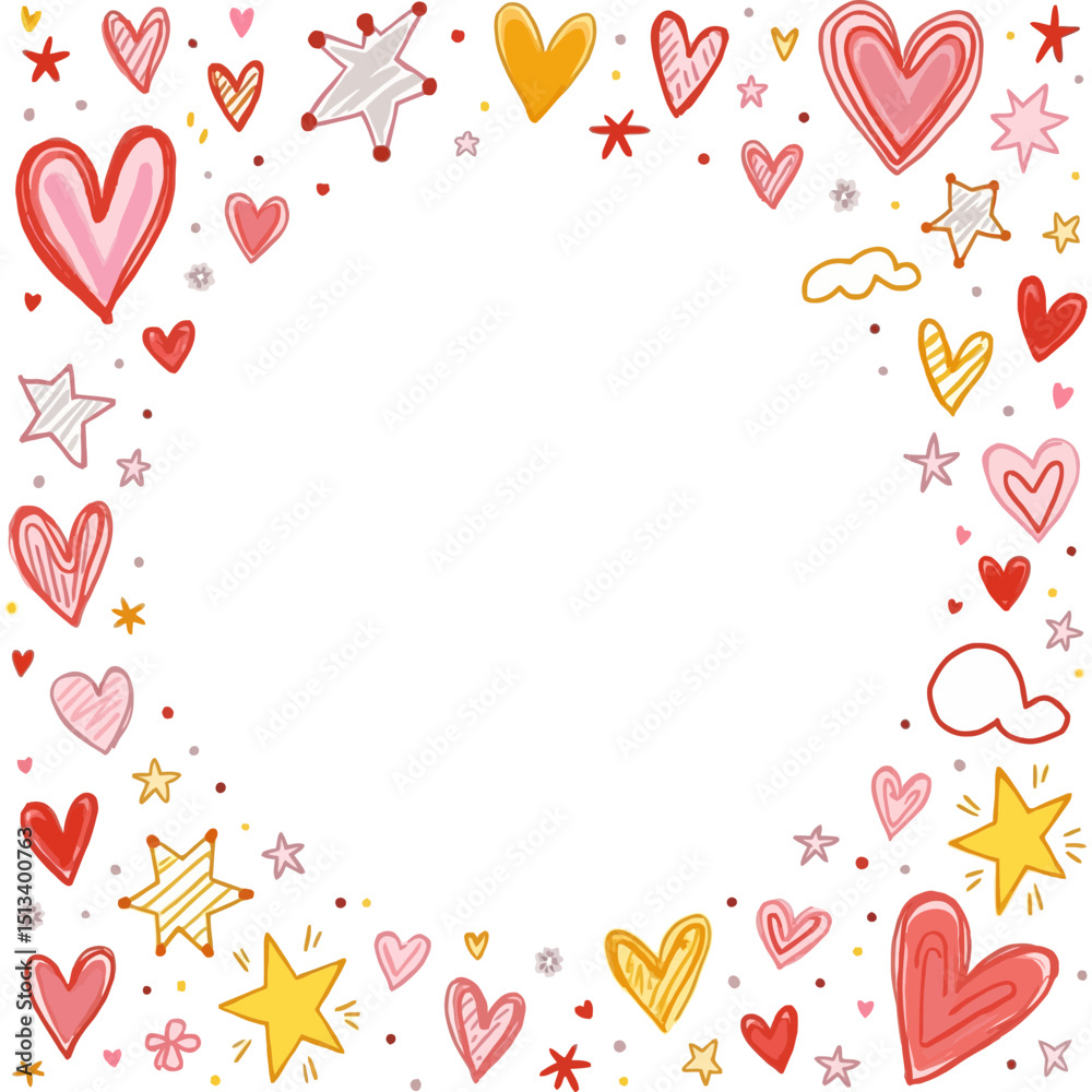Obraz premium Colorful Heart Shapes and Stars Doodle Border Whimsical Hand Drawn Frame Vibrant Playful Valentine Day Vector Art High Contrast Digital Illustration