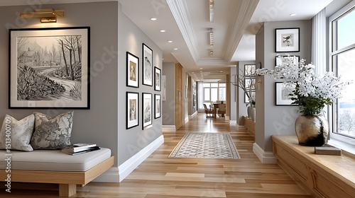 Modern hallway interior with framed artwork and cozy bench seating decor high resolution image