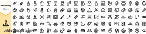 A diverse collection of monochrome food and beverage icons in a clean, minimalist style, representing various aspects of gastronomy.