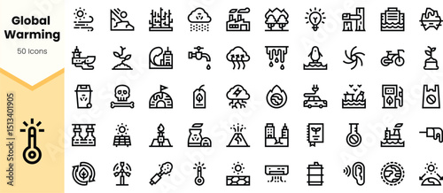 A diverse collection of icons representing global warming, featuring environmental themes like pollution, climate change, and renewable energy.