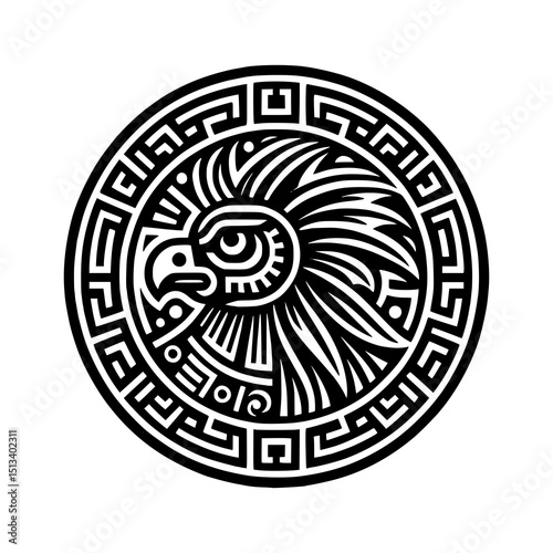 Tribal Phoenix Head Vector Illustration Black and White Circular Mythical Bird Design with Bold Lines and Ethnic Ornament Style