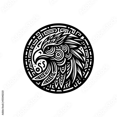 Tribal Phoenix Head Vector Illustration Black and White Circular Mythical Bird Design with Bold Lines and Ethnic Ornament Style