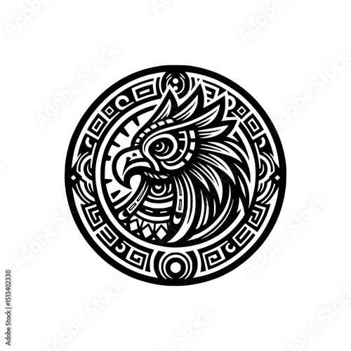 Tribal Phoenix Head Vector Illustration Black and White Circular Mythical Bird Design with Bold Lines and Ethnic Ornament Style