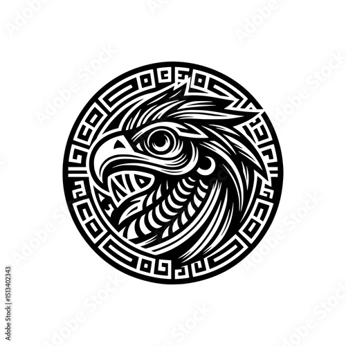 Tribal Phoenix Head Vector Illustration Black and White Circular Mythical Bird Design with Bold Lines and Ethnic Ornament Style