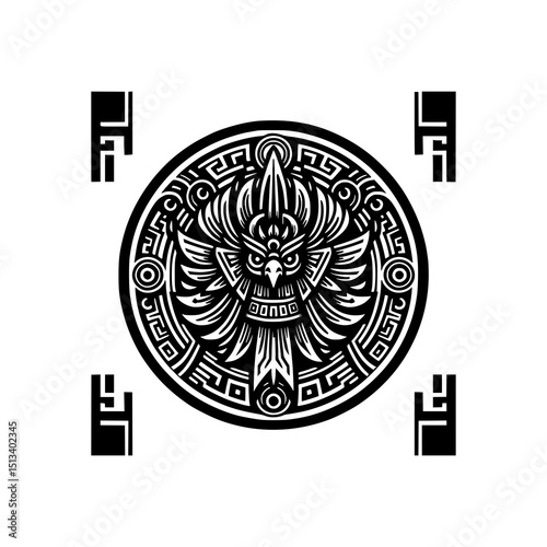 Tribal Phoenix Head Vector Illustration Black and White Circular Mythical Bird Design with Bold Lines and Ethnic Ornament Style