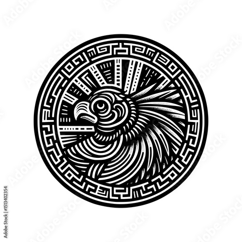 Tribal Phoenix Head Vector Illustration Black and White Circular Mythical Bird Design with Bold Lines and Ethnic Ornament Style
