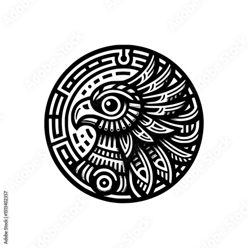 Tribal Phoenix Head Vector Illustration Black and White Circular Mythical Bird Design with Bold Lines and Ethnic Ornament Style