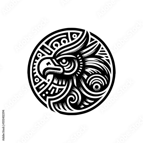 Tribal Phoenix Head Vector Illustration Black and White Circular Mythical Bird Design with Bold Lines and Ethnic Ornament Style