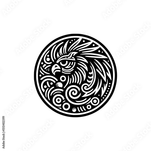 Tribal Phoenix Head Vector Illustration Black and White Circular Mythical Bird Design with Bold Lines and Ethnic Ornament Style