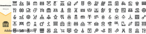 A diverse collection of minimalist black icons representing greenhouse activities, featuring plants, tools, and agricultural elements.