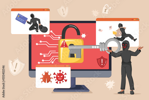 Cybercrime and Data Breach Alert: A Menacing Hacker Celebrating a Successful Cyber Attack, Represented by an Unsecured Lock, Stolen Documents, Credit Card Theft, and the Spread of Computer Viruses.
