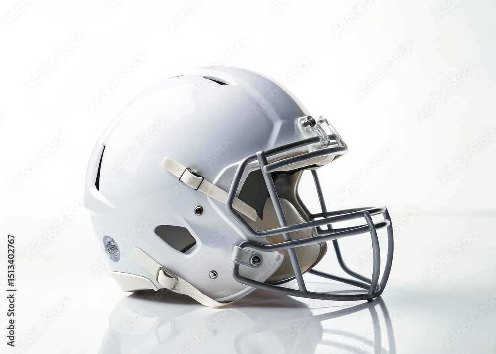 Fototapeta premium Minimalist white football helmet with gray faceguard on clean white background, showcasing modern design and protective sports gear for athletes