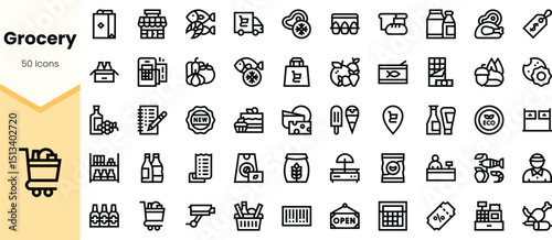 A collection of grocery icons, featuring various food items, shopping carts, and delivery symbols in a minimalist design, ideal for modern interfaces.