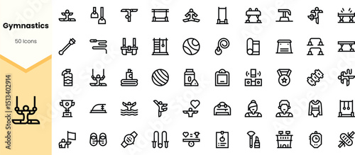 A collection of minimalist gymnastics icons, featuring various equipment, activities, and awards, showcasing the diverse elements of the sport.