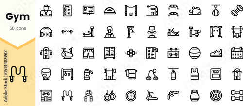 A collection of gym-related icons featuring equipment, exercises, and fitness activities in a minimalist style. Perfect for fitness enthusiasts and designers.