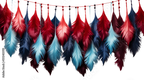 Elegant red blue feathers, hanging festive decor, modern home art, trendy rustic craft texture background, isolated on transparent background.