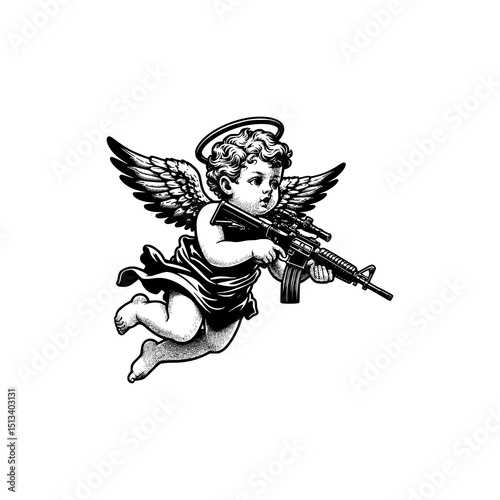 Armed Angel Vector Illustration Black and White Tattoo Style Flying Cherub with Assault Rifle and Wings in Surreal Urban Design