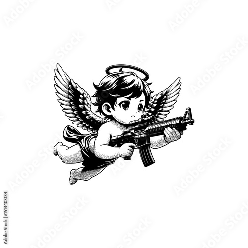 Armed Angel Vector Illustration Black and White Tattoo Style Flying Cherub with Assault Rifle and Wings in Surreal Urban Design