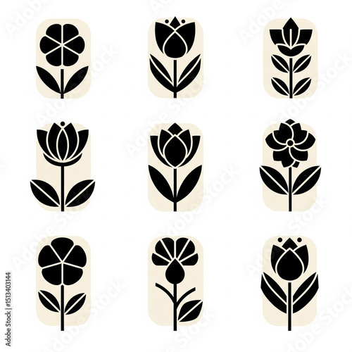 Graphic flower and leaves icons. Simple geometric flower icons.
