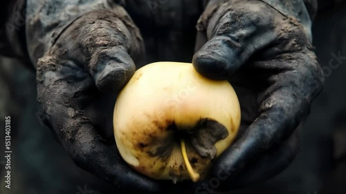 Hands Holding a Rotten Apple in Muddy Gloves. Video Generative AI.