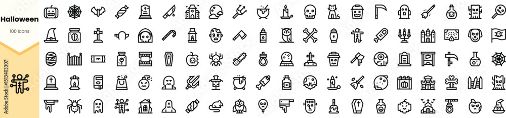 A collection of Halloween-themed icons in a minimalist style, featuring ghosts, pumpkins, skulls, and spooky symbols, perfect for festive designs.
