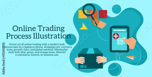 Modern illustration of online trading with characters, shopping carts, payment icons, and global networks. Perfect for web, social media, presentations, and print.