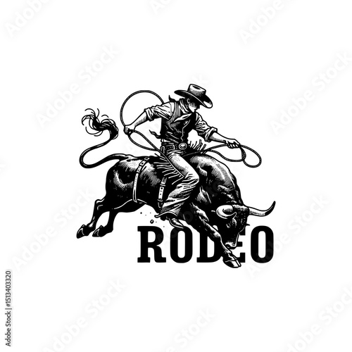 Wild West Rodeo Cowboy Riding Bull Vector Dynamic Black and White Western Style Illustration with Lasso and Action Motion