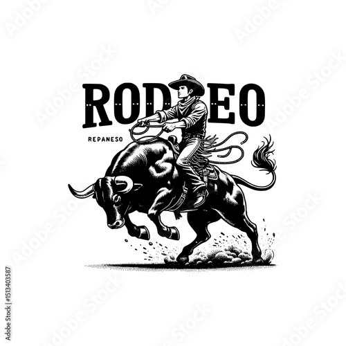 Wild West Rodeo Cowboy Riding Bull Vector Dynamic Black and White Western Style Illustration with Lasso and Action Motion