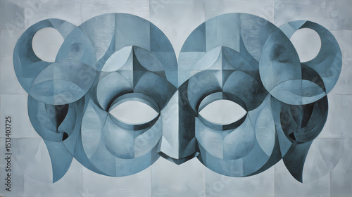 visual essay on fragmented identity | childhood distortion | melancholic ambiguity | blue-grey monochrome | fragmented symmetry | harlequin forms | interlocking shapes | geometric simplification |