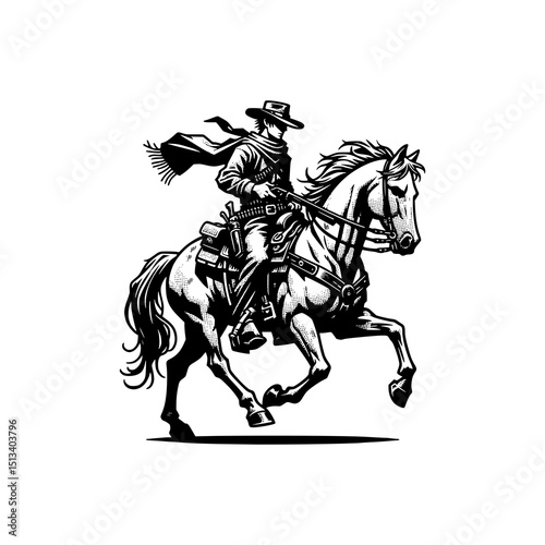 Wild West Cowboy Riding Horse Vector Vintage Western Rodeo Style Black and White Illustration with Hat, Scarf, and Guns