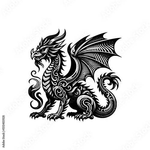 Tribal Dragon Vector Illustration Mythical Creature in Black and White Tattoo Style with Ornamental Swirls and Wing Details