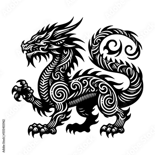 Tribal Dragon Vector Illustration Mythical Creature in Black and White Tattoo Style with Ornamental Swirls and Wing Details